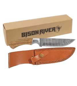 Fixed Blade Knife with Damascus Steel Blade and Leather Sheath