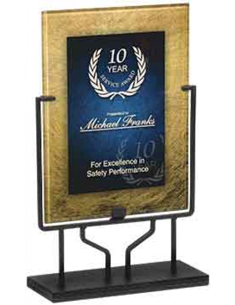 Rectangle Gold/Blue Acrylic Art Plaque with Iron Stand